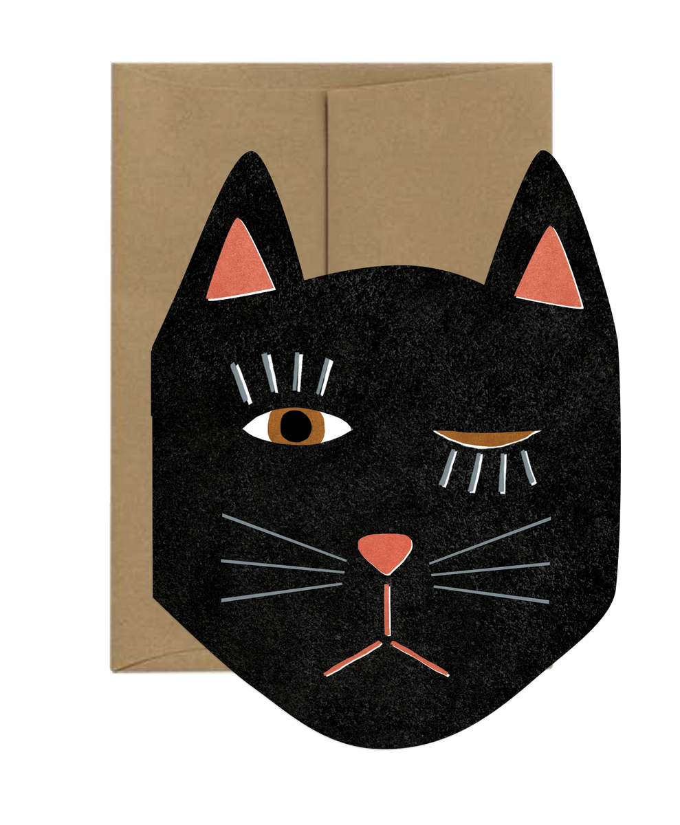 Winking Black Cat Die Cut Card – Mutual Adoration + POST