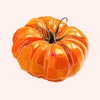 A stylized illustration of a large orange tomato with dark green stem and highlights, centered on a pale pink background.