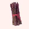 An illustration of a bundle of asparagus spears tied with a pink string, shown on a plain light pink background.