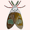 A stylized illustrated moth with patterned brown and tan wings, a white spotted head, red legs, and green antennae on a pale pink background.