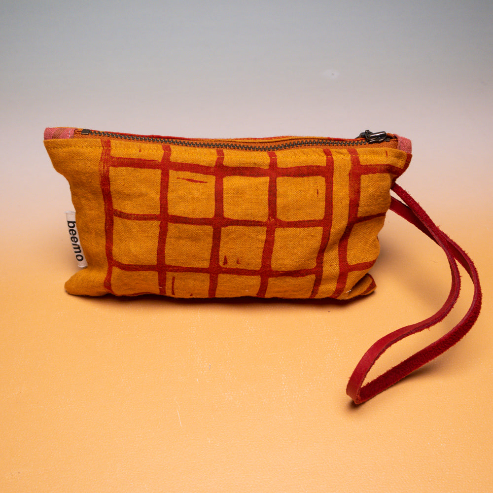Block Printed Linen Wristlet Wallet in Red Grid on Pumpkin Linen ...