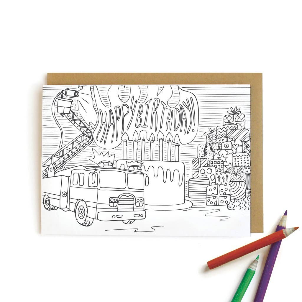 Fire Truck Birthday Kids Coloring Cards – Mutual Adoration + POST